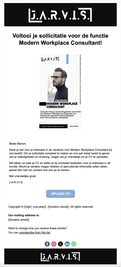 E-mail template voor het vervolledigen van een sollicitatie bij J.A.R.V.I.S.